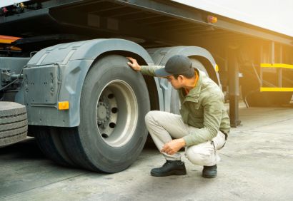 Trucker checking the tires on his Semi